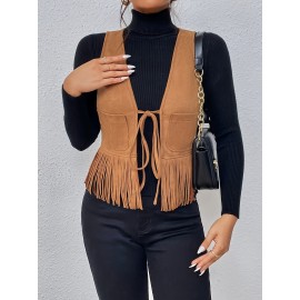 [Elegant Vest] Elegant Tassel Sleeveless Vest Jacket | Women's Medium Stretch Suede-Like Fabric, Adjustable Waist Tie & Fringe Hem, All-Season Versatile Layering Piece for Casual or Formal Outfits, Smooth Texture Finish