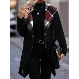 Women'S Elegant Mid-Length Winter Coat with High Neck and Plaid Patchwork Design - Warm, Lightweight, and Stylish for Office or Holiday Season, Warm Weather Jacket | Plaid Pattern Coat | Structured Coat