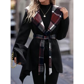 Women'S Elegant Mid-Length Winter Coat with High Neck and Plaid Patchwork Design - Warm, Lightweight, and Stylish for Office or Holiday Season, Warm Weather Jacket | Plaid Pattern Coat | Structured Coat
