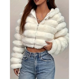 Women'S Elegant White Faux Fur Hooded Jacket - Zip-Up Mid-Length Winter Coat with Puffy Sleeves, Perfect for Fall & Winter, Stylish Layering Piece, Winter Coat