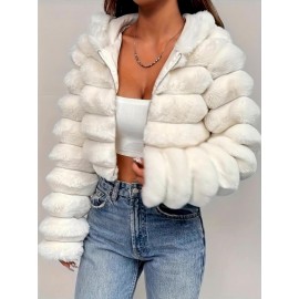 Women'S Elegant White Faux Fur Hooded Jacket - Zip-Up Mid-Length Winter Coat with Puffy Sleeves, Perfect for Fall & Winter, Stylish Layering Piece, Winter Coat