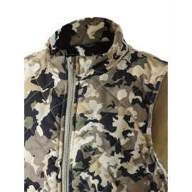 Women'S Lightweight Quilted Zip-Up Vest - Sleeveless, Stand Collar, Camouflage Print, Casual Style, Non-Stretch Fabric, Perfect for Fall/Winter, Casual Wear Vest|Quilted Vest|Zippered Vest