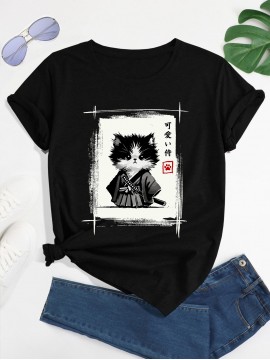 Women'S Cute Japanese Samurai Cat Poster T-Shirt - Sumi-e Art Print, Casual Crew Neck Short Sleeve Top for Summer & Spring, Soft Polyester Fabric, Casual Wear | Japanese Style Top | Smooth Texture