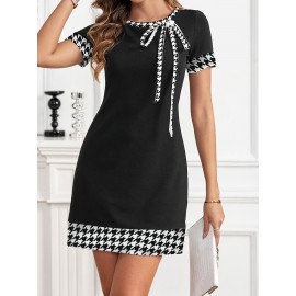[Houndstooth Mini Dress] Women's Elegant Houndstooth Mini Dress, Polyester 100% Knit Fabric, Crew Neck with Bow Detail, Short Sleeve, Knee-Length Tiered Hem, Sleek Fit Bodycon Tunic for Spring/Summer/Fall