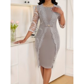 Elegant Dark Gray Lace-Trimmed Midi Dress with 3/4 Sleeves and V-Neck - Slim Fit, Flared Skirt, Zipper Detail, Perfect for All Seasons, Formal Attire|Sleek Fitted Top|Zippered Dress