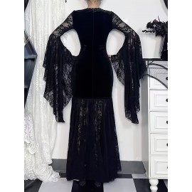 Women's Gothic Dark Halloween Long Dress with Contrast Lace and Velvet Patchwork, Sexy Niche Flared Sleeve Unique Design