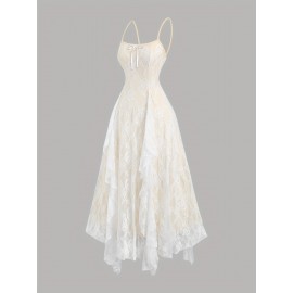 [Elegant Lace Dress] Sleeveless Elegant Off-Shoulder Lace Dress | Ruffle Detail, Bow Accent, Flowing Design, Perfect for Summer Events