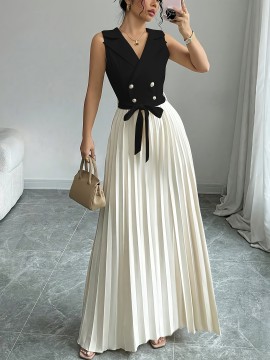 Women'S Elegant Double-Breasted Ruched Sleeveless Dress - Black and White Color Block, Polyester, A-Line Silhouette, Perfect for Spring/Summer Commute and Casual Attire, Casual Attire|Ruched Texture|Polyester Dres