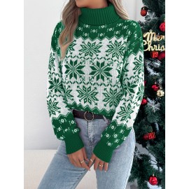1pc Acrylic Elegant High Neck Long Sleeve Christmas Sweater for Women - Color Block Knit Fabric with Snowflake Pattern, Fall/Winter Season Pullover