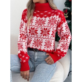 1pc Acrylic Elegant High Neck Long Sleeve Christmas Sweater for Women - Color Block Knit Fabric with Snowflake Pattern, Fall/Winter Season Pullover