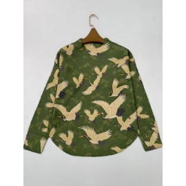 [All-Over Print] [Thick] [Round Hem] [Sweater] All-Over Print Red-crowned Crane Pattern Thick, Casual Crew Neck Long Sleeve Sweater, Round Hem, Women's Clothing