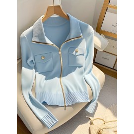 [Elegant Cardigan] Chic Elegant High-Neck Zip-Up Cardigan for Women | Long Sleeve Sweater with Chain Detail, Solid Blue, Perfect for Fall/Winter