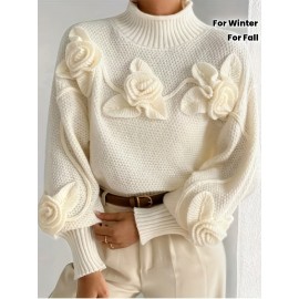 Elegant High-Neck Sweater with 3D Floral Embellishments – Soft, Plush, and Comfortable Fit, Perfect for Fall/Winter, Ideal for Creating a Serene Atmosphere, Casual Wear | Elegant Highneck | Construction, Sweater Dress