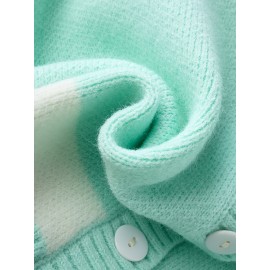 [Cute Sweater] Cozy White Hooded Cardigan Sweater | Women's Casual Pullover with Pastel Rainbow Stripes, Button Front Placket & Pom-Pom Detail, Medium Elasticity, Relaxed Fit, Comfortable Texture, Stylish, Fall Winter Layering Piece