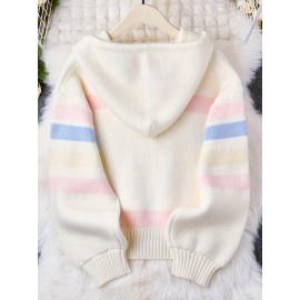 [Cute Sweater] Cozy White Hooded Cardigan Sweater | Women's Casual Pullover with Pastel Rainbow Stripes, Button Front Placket & Pom-Pom Detail, Medium Elasticity, Relaxed Fit, Comfortable Texture, Stylish, Fall Winter Layering Piece