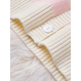 [Cute Sweater] Cozy White Hooded Cardigan Sweater | Women's Casual Pullover with Pastel Rainbow Stripes, Button Front Placket & Pom-Pom Detail, Medium Elasticity, Relaxed Fit, Comfortable Texture, Stylish, Fall Winter Layering Piece