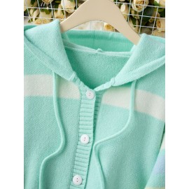 [Cute Sweater] Cozy White Hooded Cardigan Sweater | Women's Casual Pullover with Pastel Rainbow Stripes, Button Front Placket & Pom-Pom Detail, Medium Elasticity, Relaxed Fit, Comfortable Texture, Stylish, Fall Winter Layering Piece