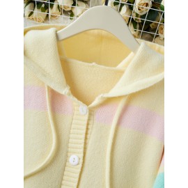 [Cute Sweater] Cozy White Hooded Cardigan Sweater | Women's Casual Pullover with Pastel Rainbow Stripes, Button Front Placket & Pom-Pom Detail, Medium Elasticity, Relaxed Fit, Comfortable Texture, Stylish, Fall Winter Layering Piece