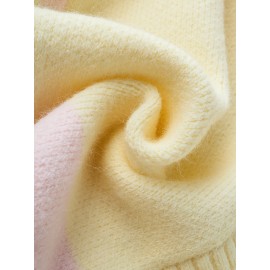 [Cute Sweater] Cozy White Hooded Cardigan Sweater | Women's Casual Pullover with Pastel Rainbow Stripes, Button Front Placket & Pom-Pom Detail, Medium Elasticity, Relaxed Fit, Comfortable Texture, Stylish, Fall Winter Layering Piece