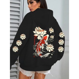 Women's Koi Fish & for Lotus Zip-Up Hoodie Jacket - Dark Green/Red Accents, Front Pockets, Machine Washable Zippered Hooded Sweatshirt for Fall/Winter Casual & Formal Outfits, Winter Wear, Artistic Design, Soft Material, Trend Followers