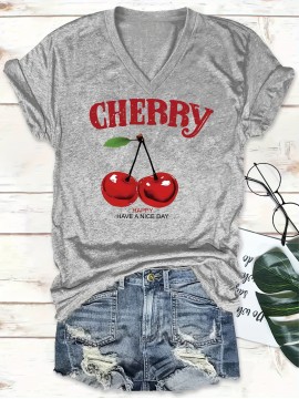 [Cherry Print T-Shirt] Women's Casual Summer V-Neck T-Shirt with Red Cherry Print and Happy Ankle-Day Applique Detail, Short Sleeve Graphic Tee