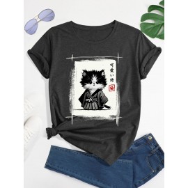 Women'S Cute Japanese Samurai Cat Poster T-Shirt - Sumi-e Art Print, Casual Crew Neck Short Sleeve Top for Summer & Spring, Soft Polyester Fabric, Casual Wear | Japanese Style Top | Smooth Texture
