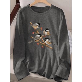 Women's Black Long Sleeve Crew Neck T-Shirt with White & Grey Titmouse Bird & Red Berry Graphic Print - Soft Casual Fall Winter Top, Machine Washable Everyday Comfortable Shirt for Nature-Inspired Outfits