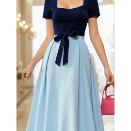 Elegant Square Neck Puff Sleeve Dress with Front Bow Detail - Black & White Color Block, A-Line Silhouette, Lightweight Summer Dress for Women, Cute Dress